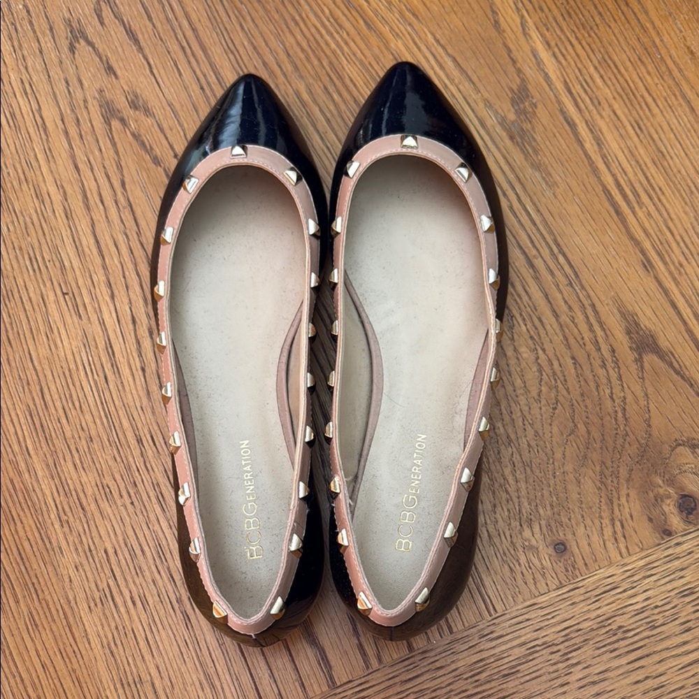 BCBGeneration Black and Pink Studded Flats